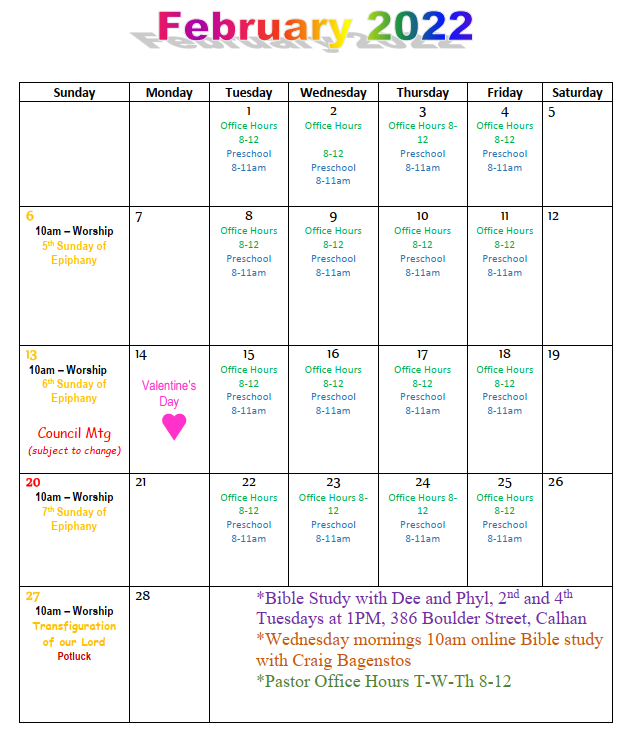 Elca Lutheran Church Calendar 2022 Monthly Calendar | St. Paul Evangelical Lutheran Church & Preschool
